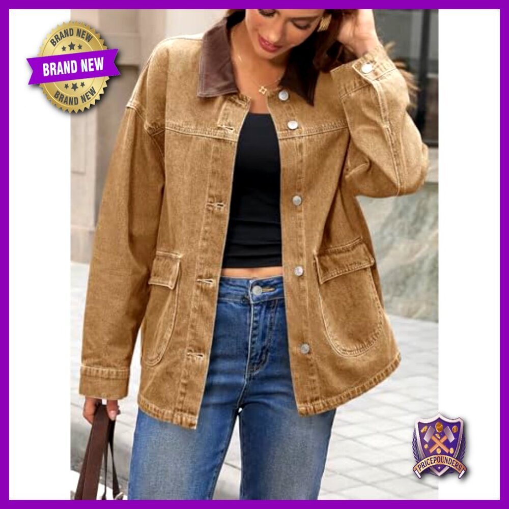 Oversized Denim Jacket Women's Casual Streetwear Y2K Chic Button Down with - Picture 6 of 6